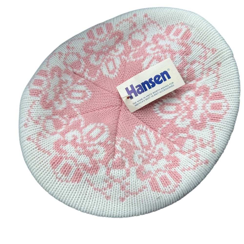 Vintage Hansen Nordic Fair Isle Knit Beret Hat Pink‎ White Made USA One Size
